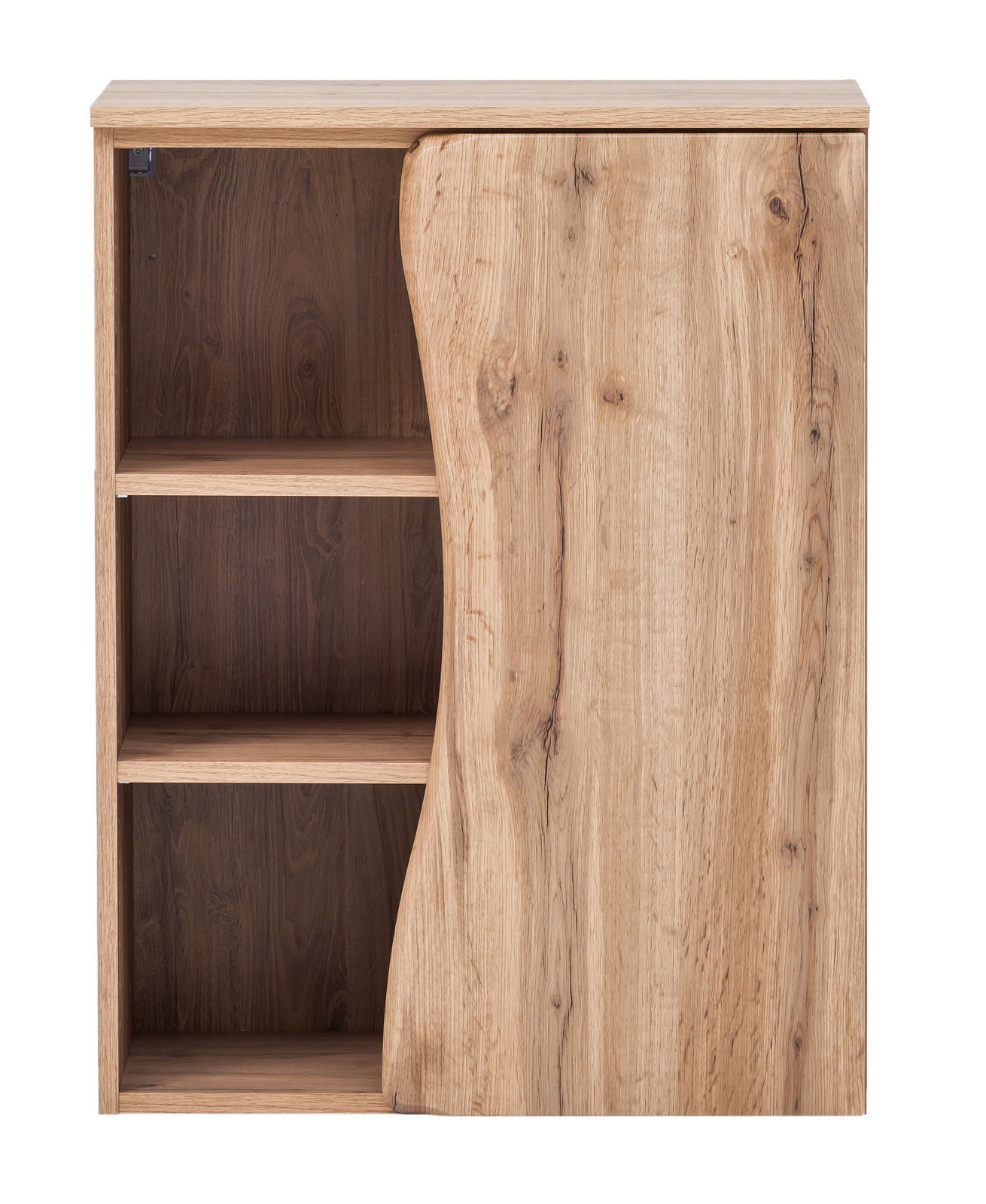 Unterschrank aus Holz mit einer Tür und zwei offenen Fächern, Frontalansicht