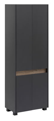 Moderner Hochschrank in Schwarz mit Holzdetail, frontal betrachtet.