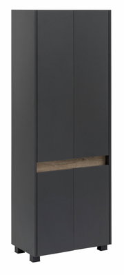 Moderne hoge kast in zwart met houten details, gezien vanaf de voorkant.