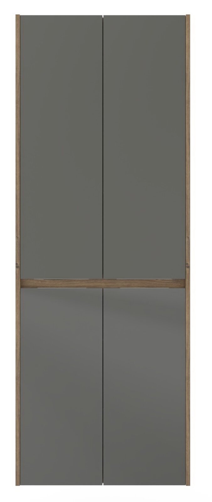 Moderner Hochschrank mit grauen Türen und Holzrahmen, Frontalansicht
