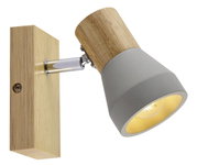 Moderner Strahler mit Holz- und Metallelementen, seitliche Perspektive