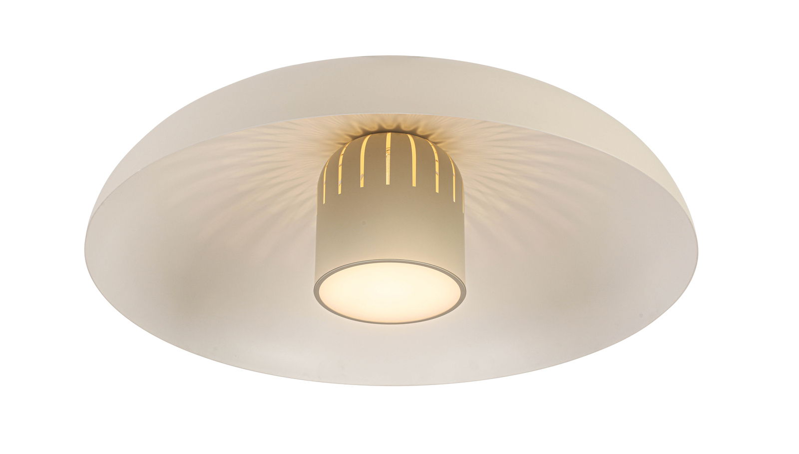 Moderne LED-Deckenleuchte in Weiß, von unten betrachtet, mit zylindrischem Leuchtkörper und dekorativen Schlitzen.