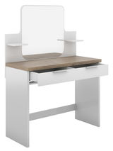 Moderner Schminktisch mit großem Spiegel, zwei Schubladen und seitlichen Ablagen, aus weißem und holzfarbenem Material, Frontalansicht.