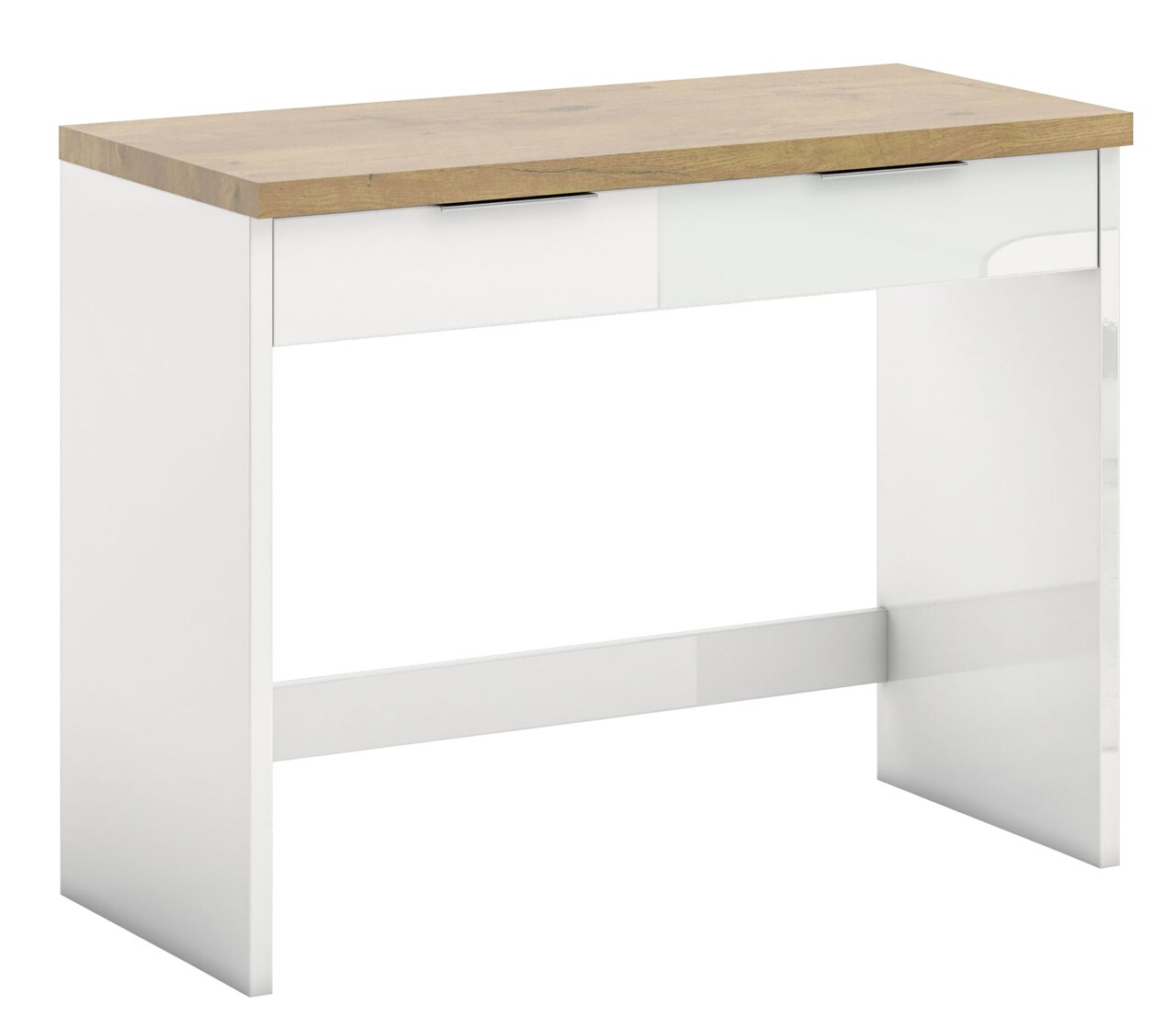XORA Consoletafel IDEA Moderner Konsolentisch mit weißem Korpus und Holzoberfläche, seitliche Perspektive