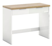 Moderner Konsolentisch mit weißem Korpus und Holzoberfläche, seitliche Perspektive