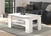 Moderner weißer Couchtisch in einem gemütlichen Wohnzimmer, seitliche Perspektive.
