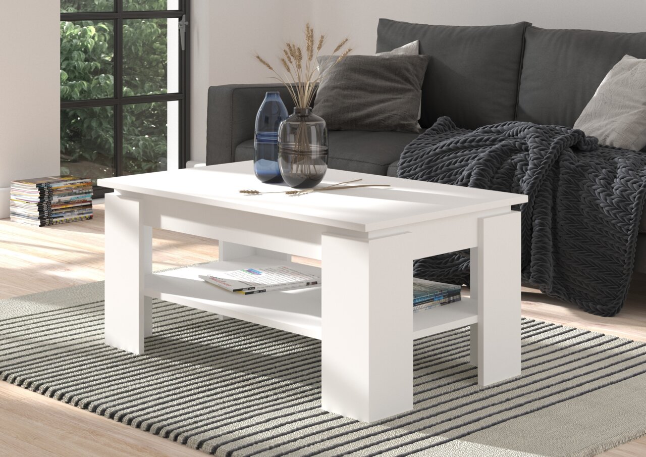 MID.YOU Couchtisch TITAN Moderner weißer Couchtisch in einem gemütlichen Wohnzimmer, seitliche Perspektive.