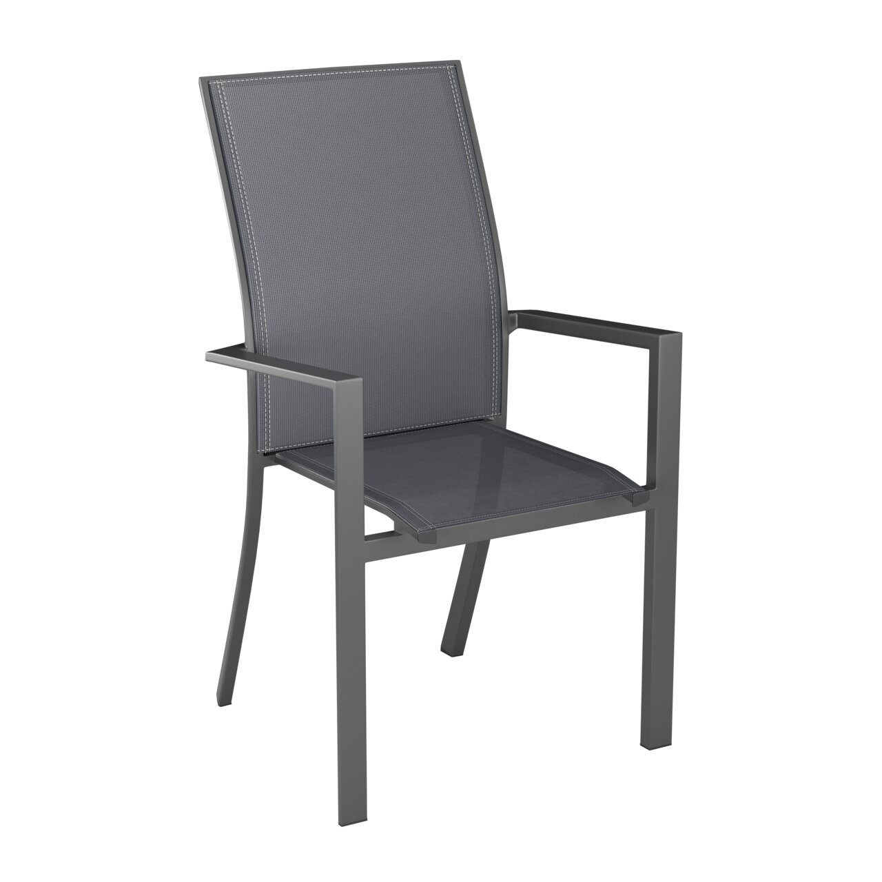 Grauer Stapelsessel aus Metall mit Armlehnen, seitliche Perspektive