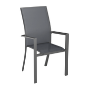 Grauer Stapelsessel aus Metall mit Armlehnen, seitliche Perspektive