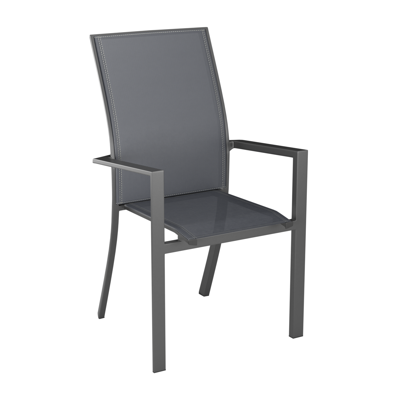 Grauer Stapelsessel aus Metall mit Armlehnen, seitliche Perspektive