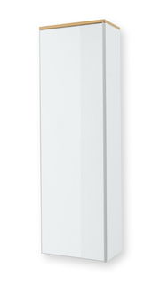 Weißer Hängegarderobenschrank mit Holzoberseite, seitliche Perspektive