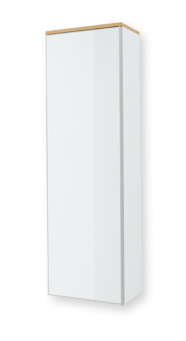 Weißer Hängegarderobenschrank mit Holzoberseite, seitliche Perspektive