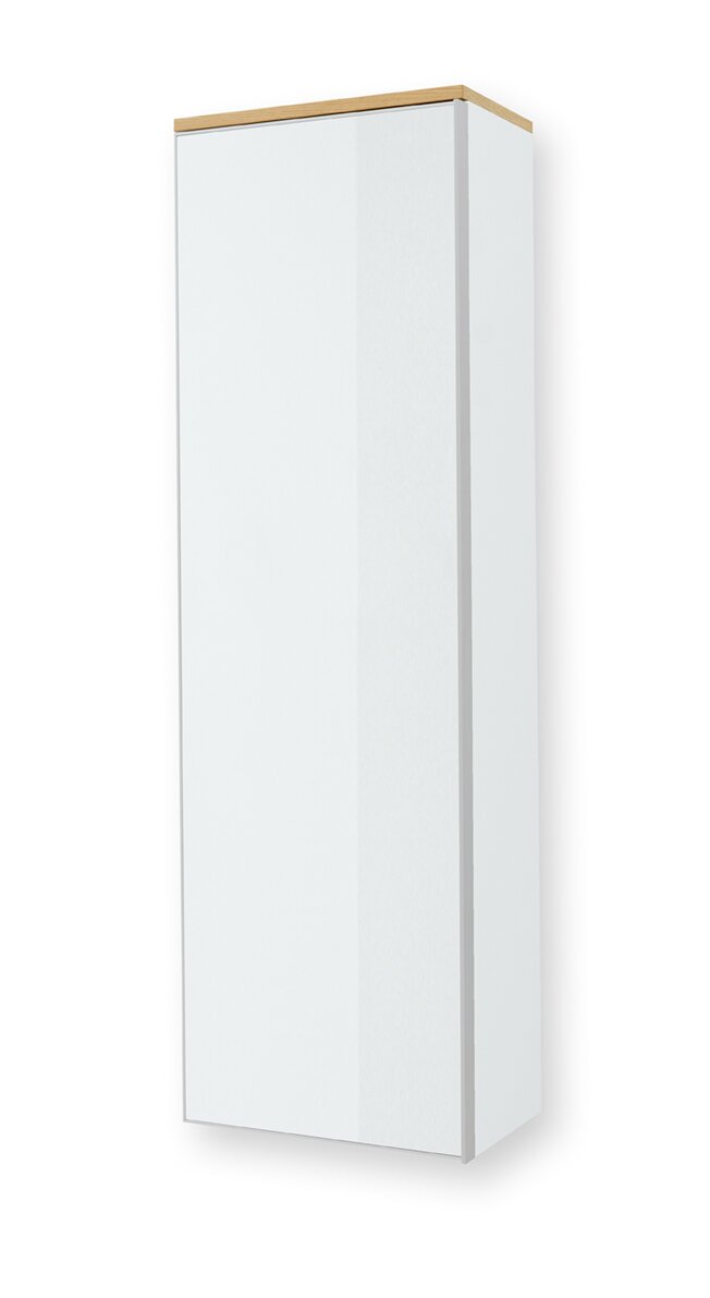 Weißer Hängegarderobenschrank mit Holzoberseite, seitliche Perspektive