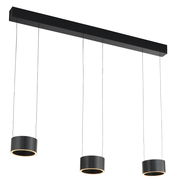 Moderne LED-Pendelleuchte mit drei zylindrischen Lampenschirmen in schwarzer Ausführung, seitliche Perspektive