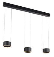 Moderne LED-Pendelleuchte mit drei zylindrischen Lampenschirmen in schwarzer Ausführung, seitliche Perspektive