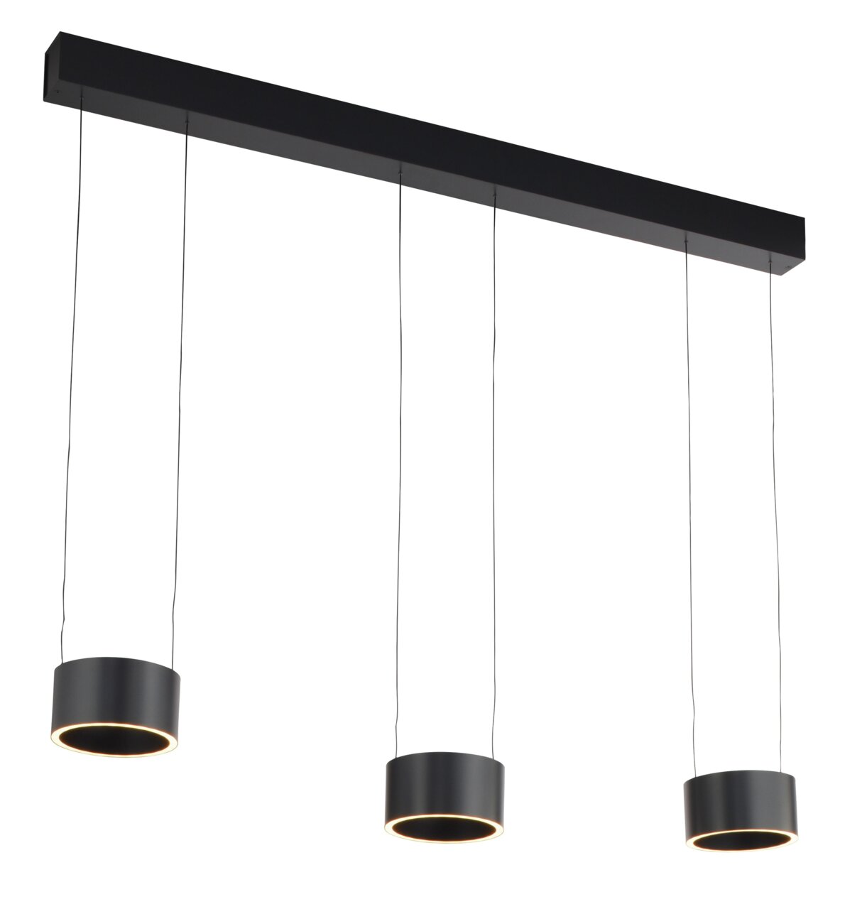 Moderne LED-Pendelleuchte mit drei zylindrischen Lampenschirmen in schwarzer Ausführung, seitliche Perspektive