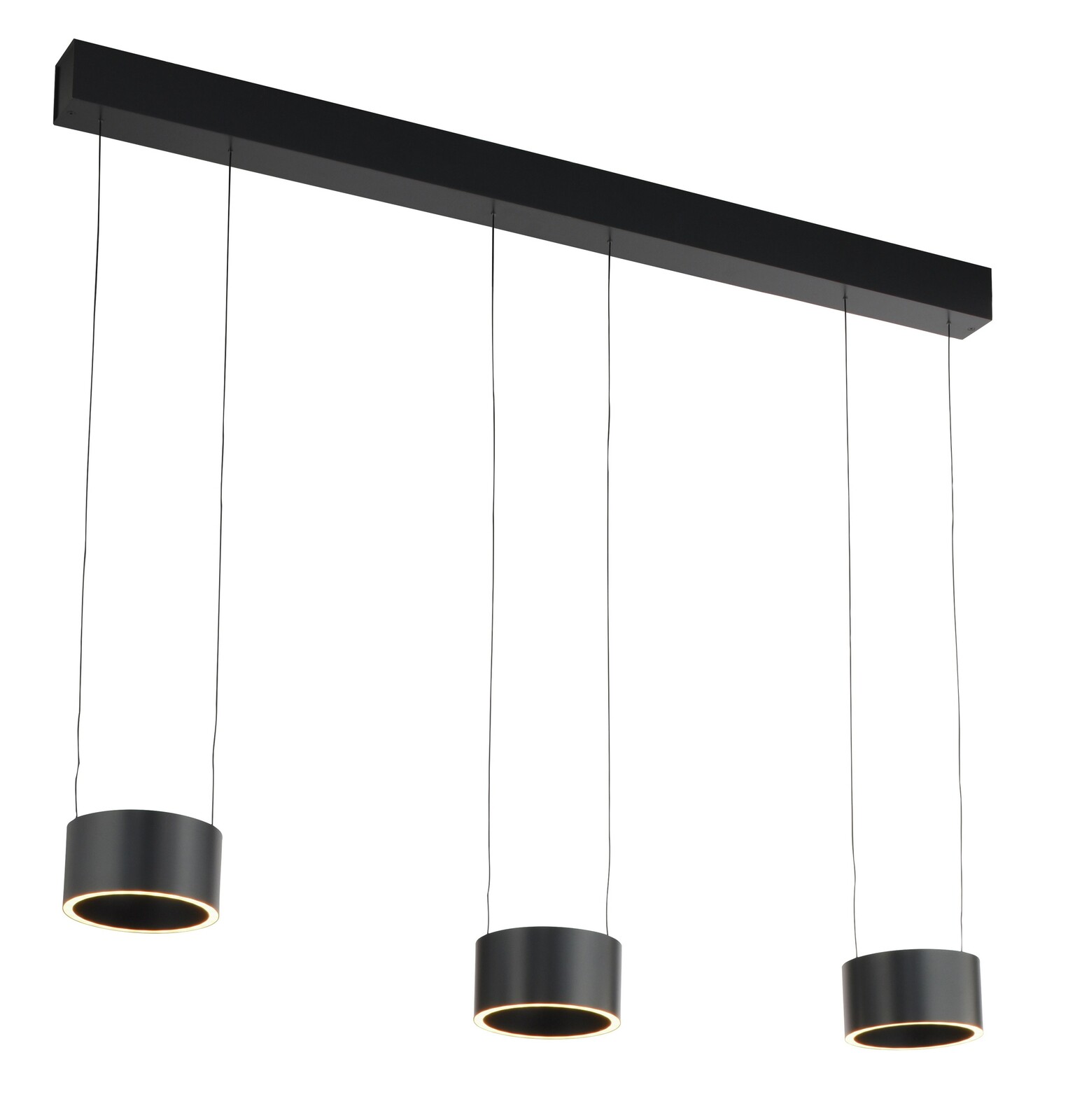 Moderne LED-Pendelleuchte mit drei zylindrischen Lampenschirmen in schwarzer Ausführung, seitliche Perspektive