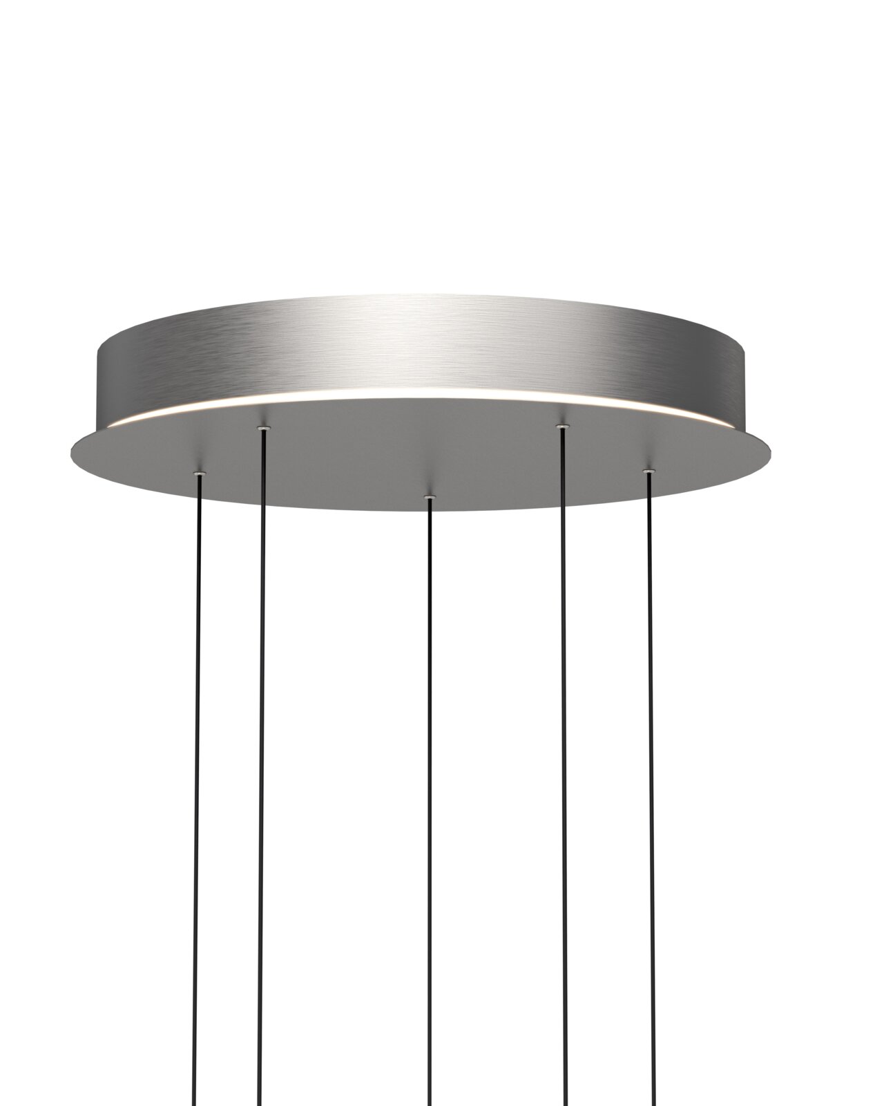 Moderne LED-hanglamp in zilverkleurige uitvoering, gezien van onderaf, met slanke ophangingen.