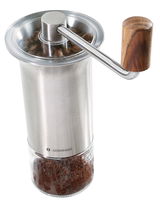 Kaffeemühle BARISTA aus Edelstahl mit Holzgriff, seitliche Perspektive