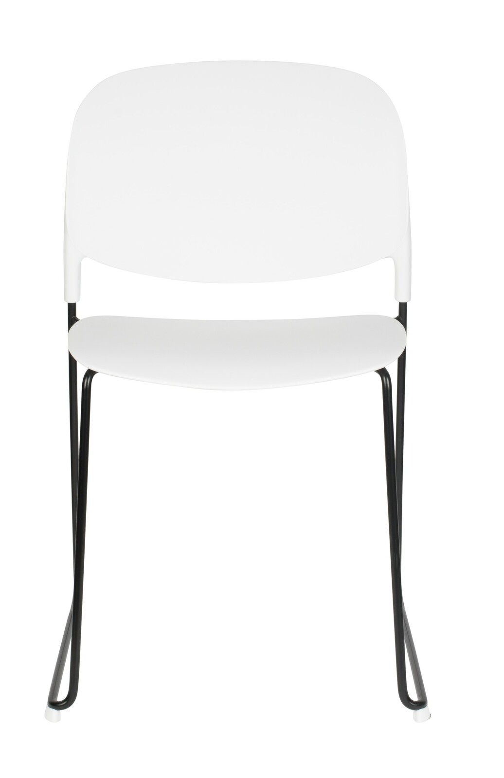 Moderner weißer Stuhl mit schwarzem Metallgestell, Frontalansicht