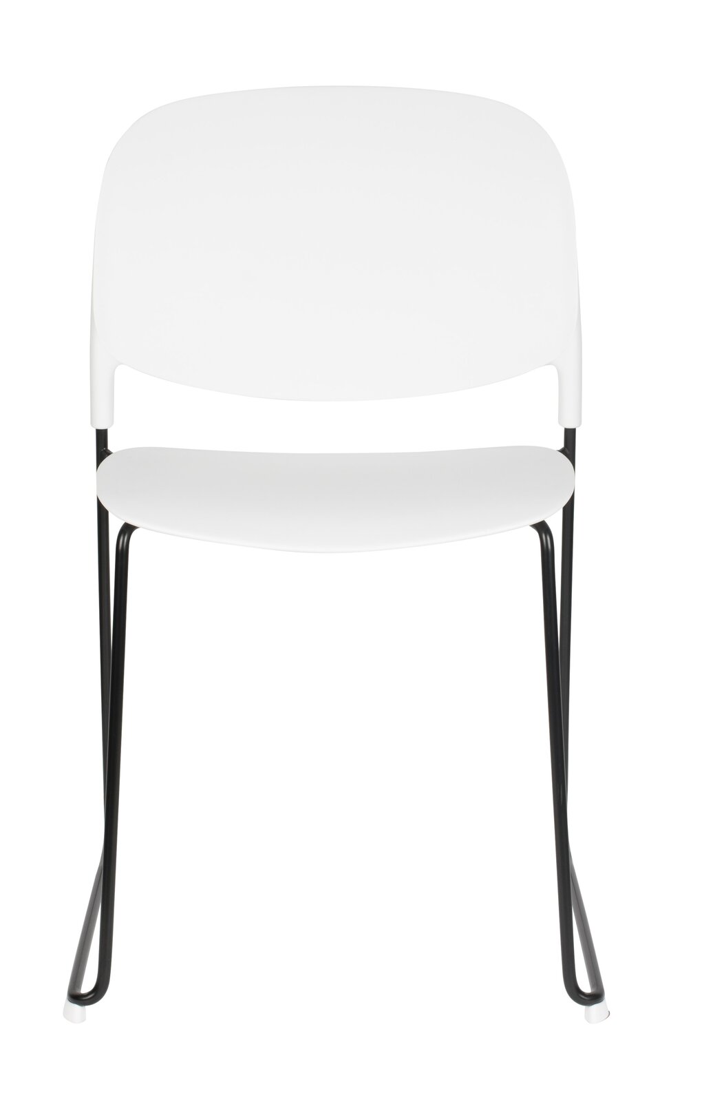 Moderner weißer Stuhl mit schwarzem Metallgestell, Frontalansicht