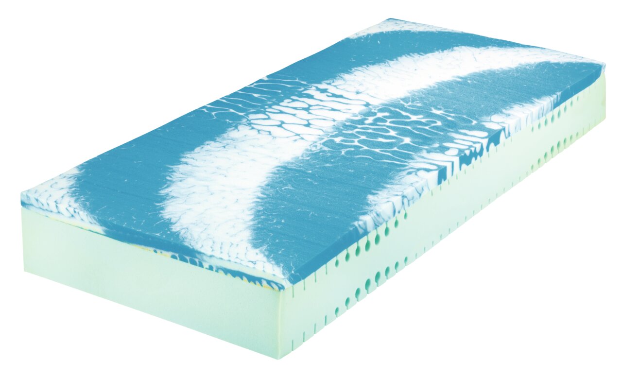 Koudschuimmatras van 90 x 200 cm in schuin perspectief, met een blauw-wit oppervlak en een groene kern
