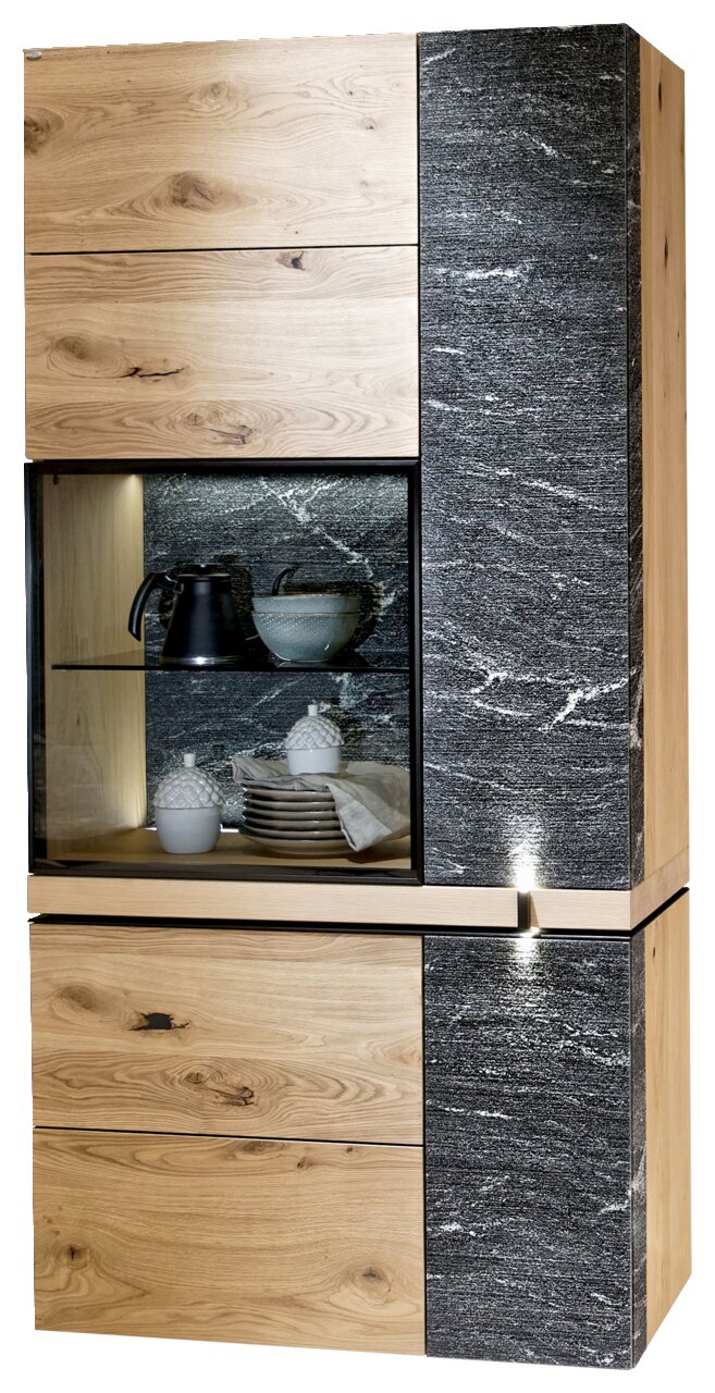 Vitrine aus Holz und Stein mit Glasfront, seitliche Perspektive