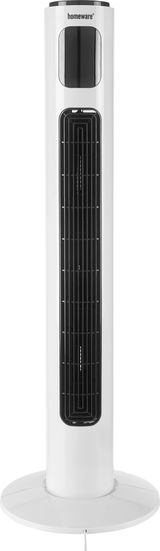 Weißer Standventilator mit schwarzem Gitter, frontal abgebildet.
