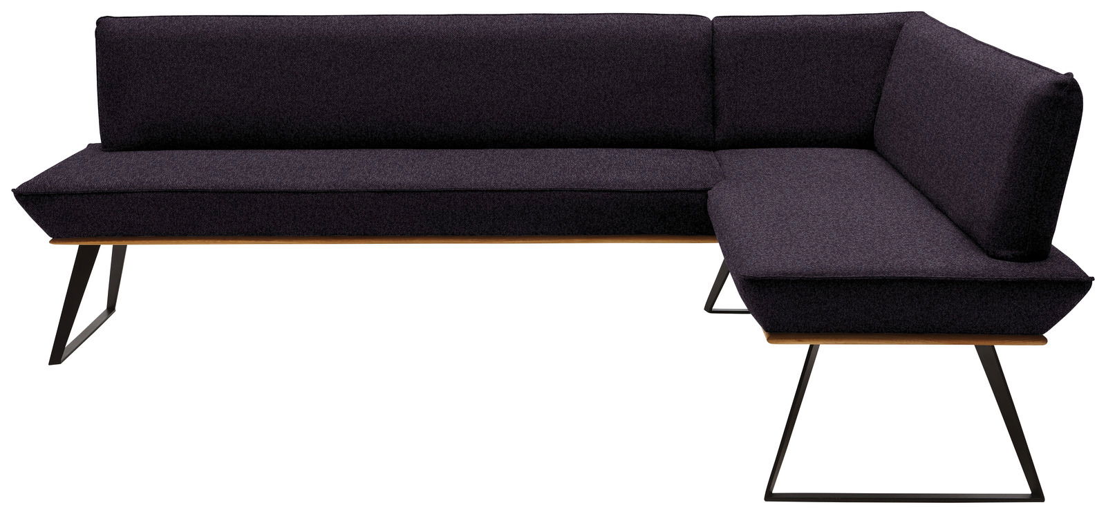 Moderne Eckbank in dunklem Stoffbezug mit Metallbeinen, seitliche Perspektive