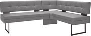 Graue Eckbank mit modernem Design, gepolsterten Sitz- und Rückenflächen, sowie Metallbeinen, seitliche Perspektive.