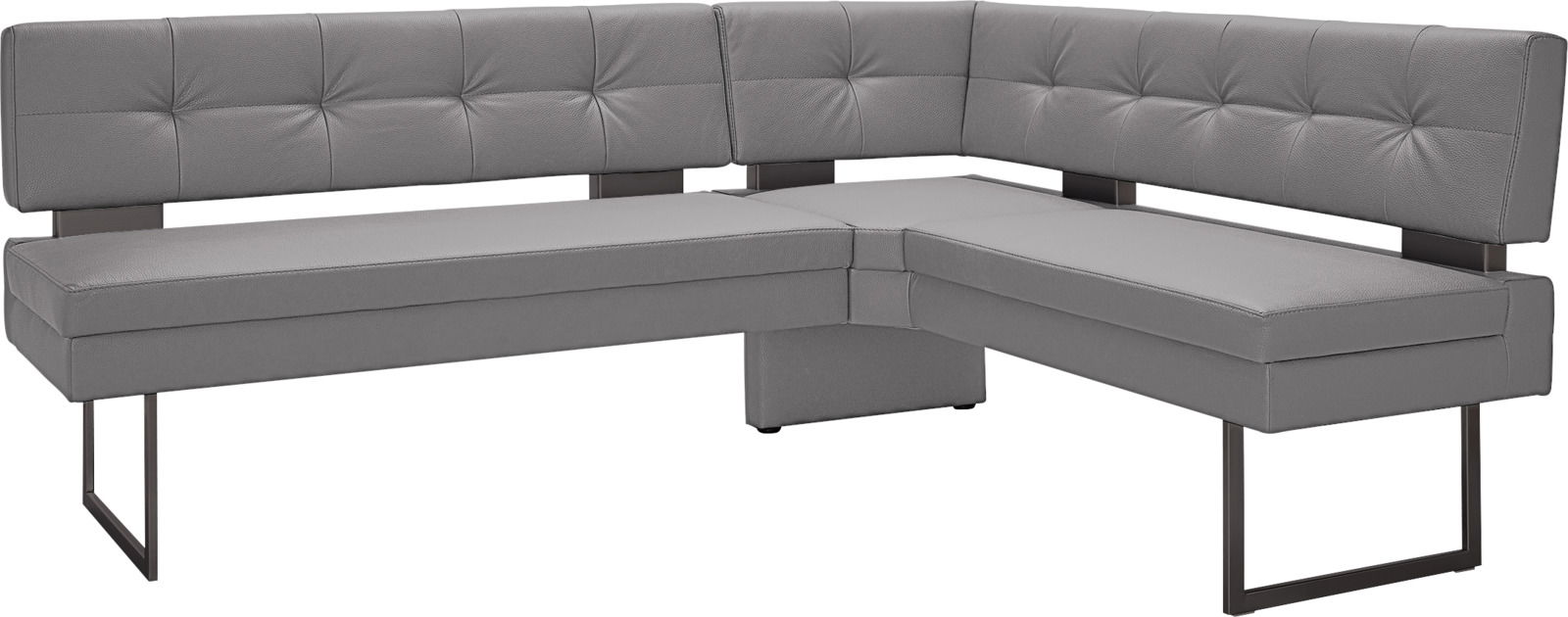 Graue Eckbank mit modernem Design, gepolsterten Sitz- und Rückenflächen, sowie Metallbeinen, seitliche Perspektive.