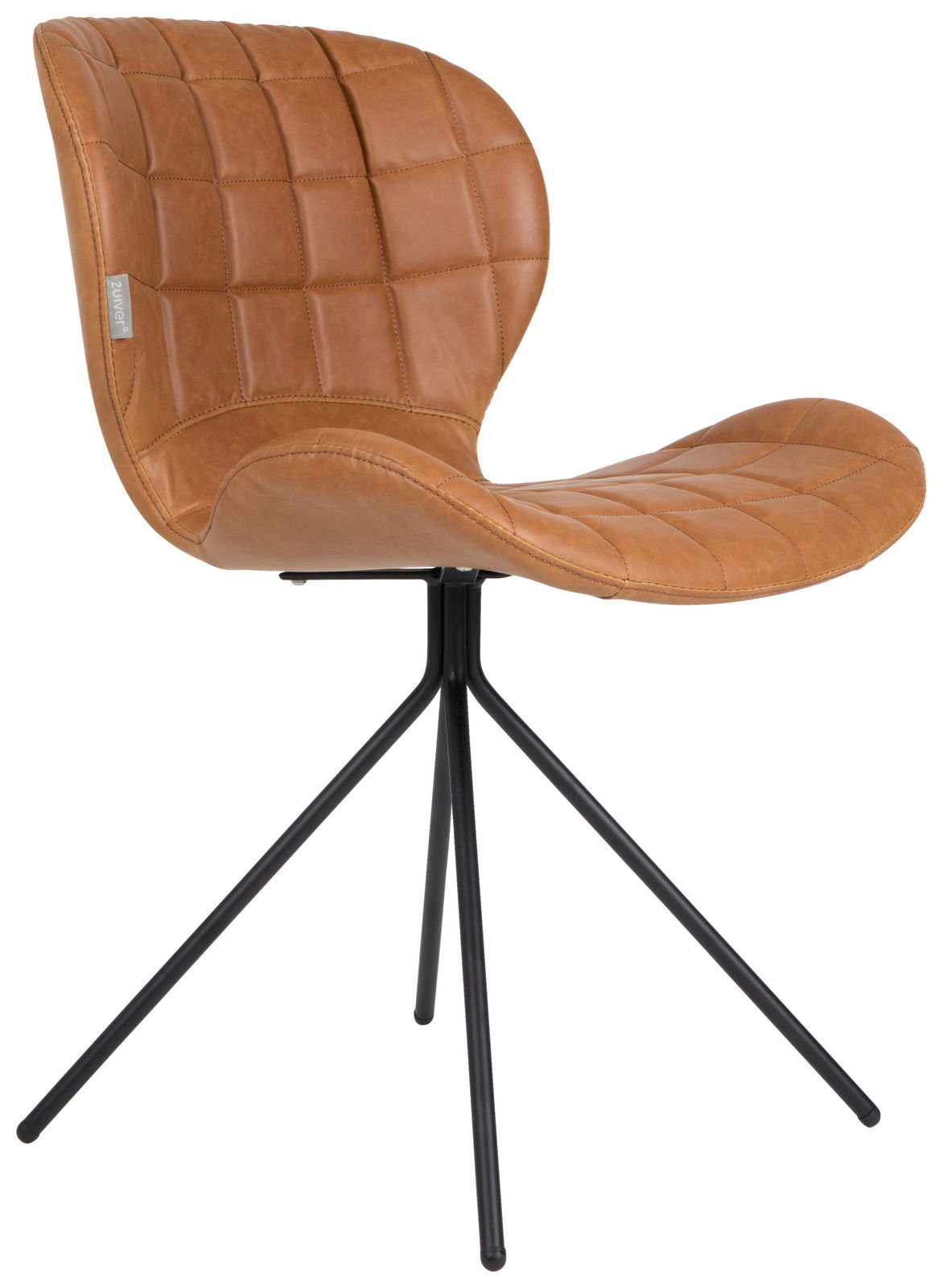 Z2 Stuhl OMG Moderner Stuhl mit braunem, gestepptem Lederbezug und schwarzem Metallgestell, seitliche Perspektive