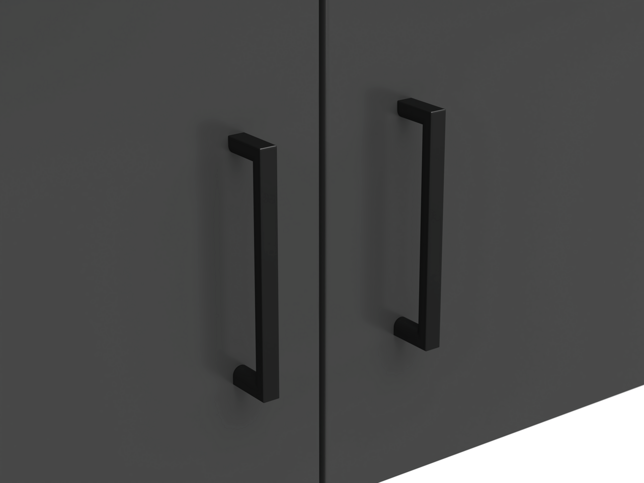 Nahaufnahme eines dunkelgrauen Aufsatzschranks mit schwarzen Griffen, Frontalansicht