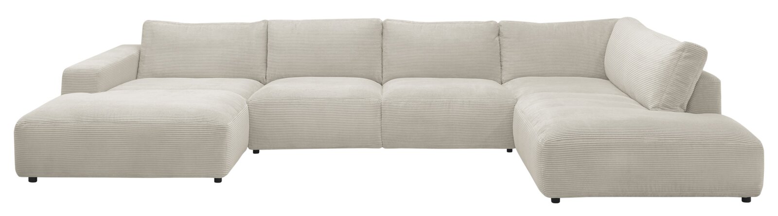Beige hoekbank LUCIA van Musterring, gezien van voren, met geribbelde stoffen bekleding.