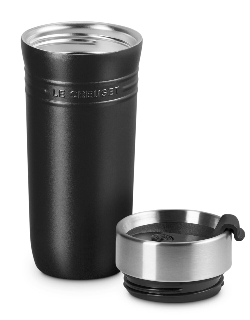 LE CREUSET Thermobecher Schwarz Matt ON THE GO Schwarzer Thermobecher 350ml mit abgenommenem Deckel, seitliche Perspektive