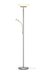 LED-Stehleuchte mit modernem Design, bestehend aus einer Hauptleuchte und einer flexiblen Leselampe, seitliche Perspektive