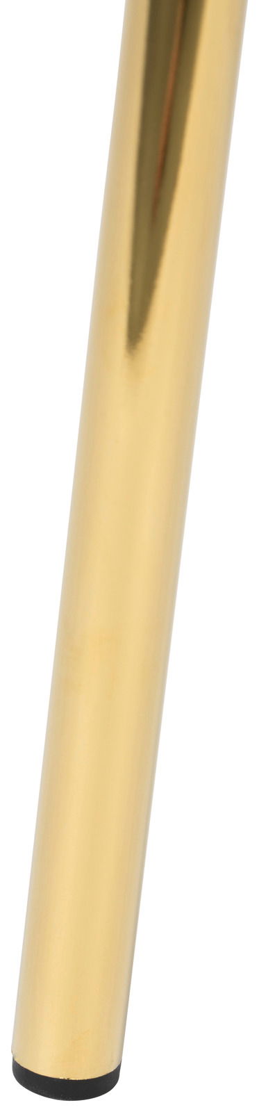 Nahaufnahme eines goldenen Stuhlbeins mit schwarzem Fuß, perspektivisch von der Seite aufgenommen.