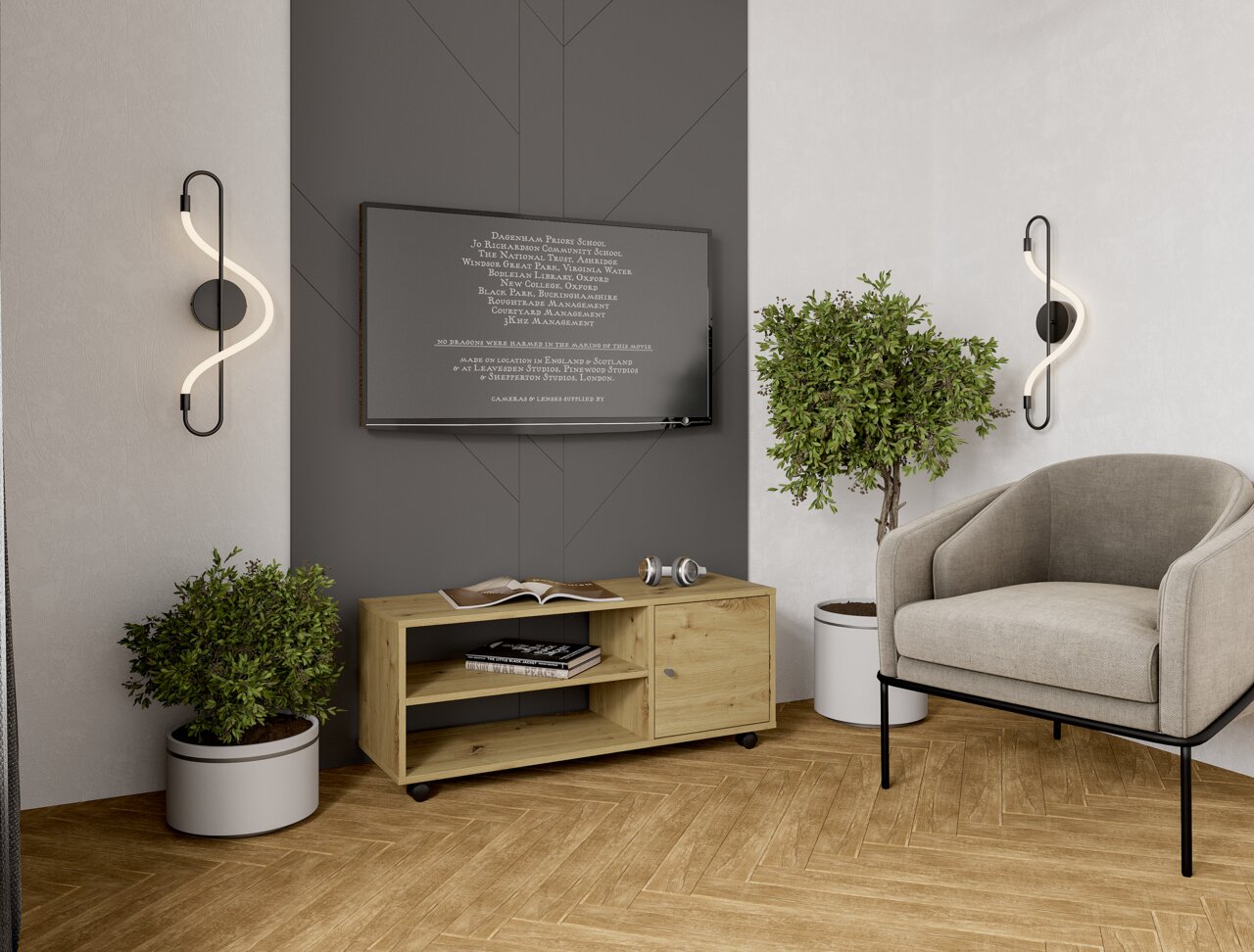 Moderne woonkamer met een houten tv-roltafel op wieltjes. De roltafel is gevuld met boeken en decoraties. Op de achtergrond is een aan de muur bevestigde televisie te zien. Perspectief: vooraanzicht.