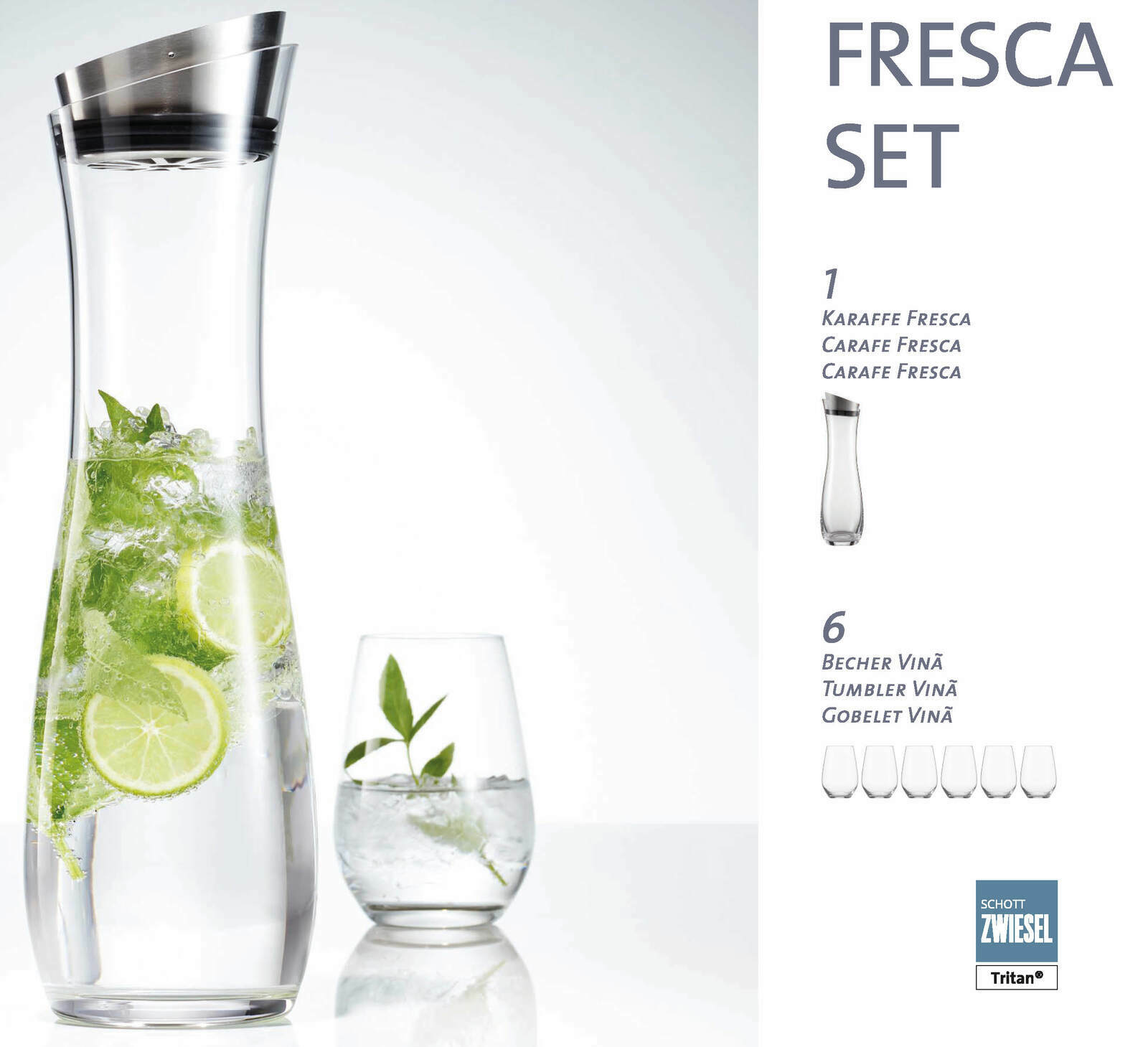 Karaffenset Fresca 7-tlg. mit einer großen Karaffe und einem Glas, gefüllt mit Wasser, Limettenscheiben und Minzblättern, seitliche Perspektive.