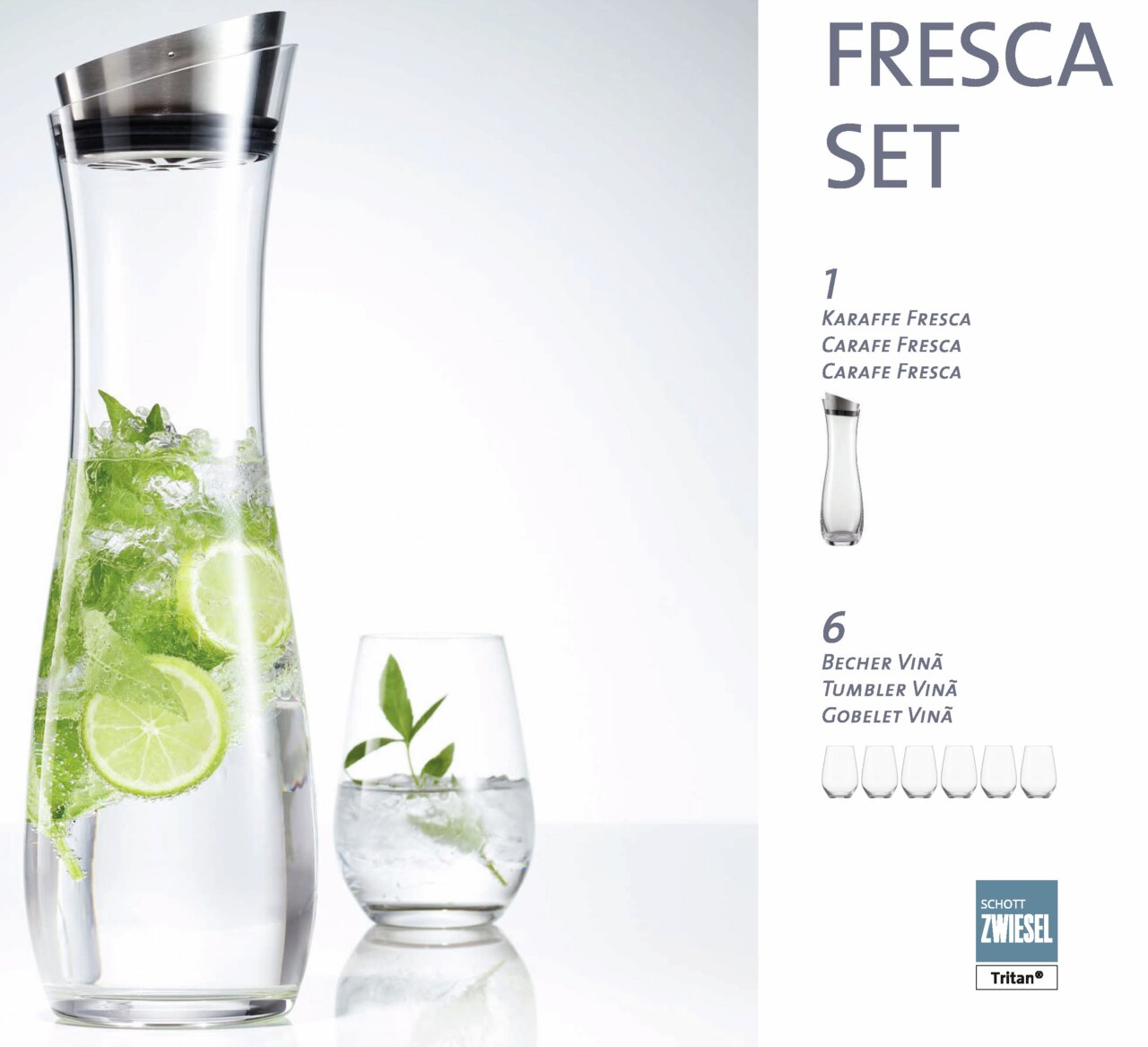 Karaffenset Fresca 7-tlg. mit einer großen Karaffe und einem Glas, gefüllt mit Wasser, Limettenscheiben und Minzblättern, seitliche Perspektive.