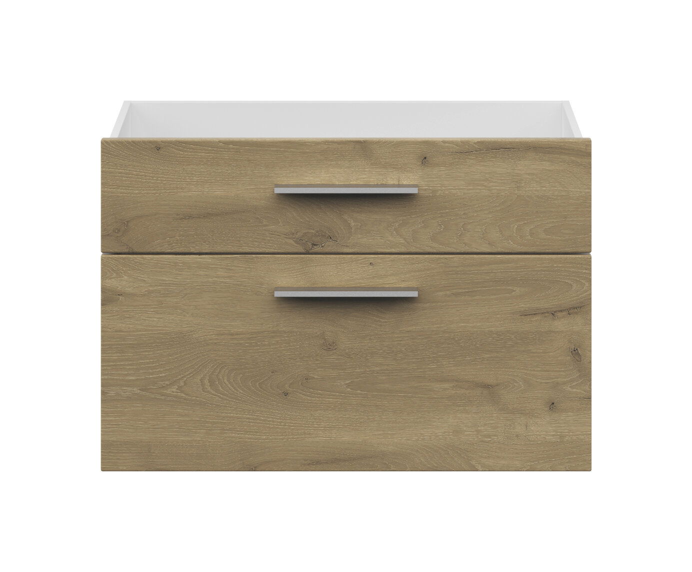 Frontansicht eines Schubladen-Sets mit zwei Schubladen in Holzoptik und silbernen Griffen.