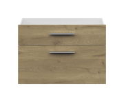 Frontansicht eines Schubladen-Sets mit zwei Schubladen in Holzoptik und silbernen Griffen.