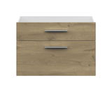 Frontansicht eines Schubladen-Sets mit zwei Schubladen in Holzoptik und silbernen Griffen.