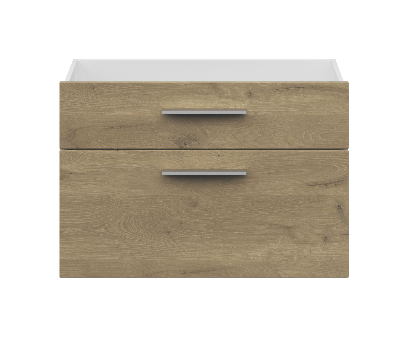 Frontansicht eines Schubladen-Sets mit zwei Schubladen in Holzoptik und silbernen Griffen.