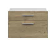 Frontansicht eines Schubladen-Sets mit zwei Schubladen in Holzoptik und silbernen Griffen.