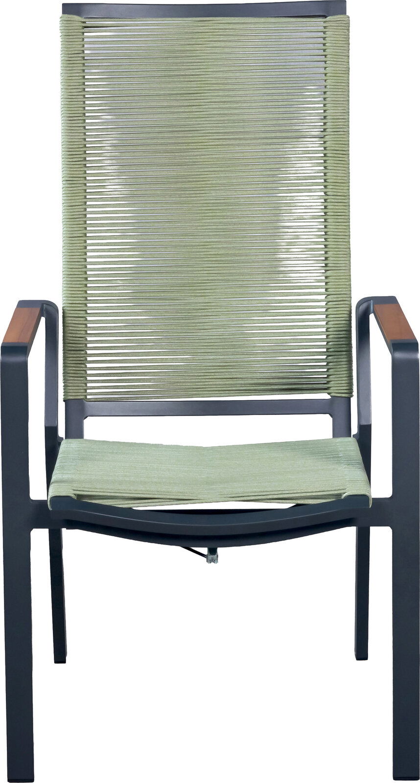 Moderner Outdoor-Armlehnstuhl mit dunkelgrauem Metallgestell, Armlehnen mit Holzauflage und olivgrüner Seilbespannung an Rückenlehne und Sitz, frontal von vorne freigestellt