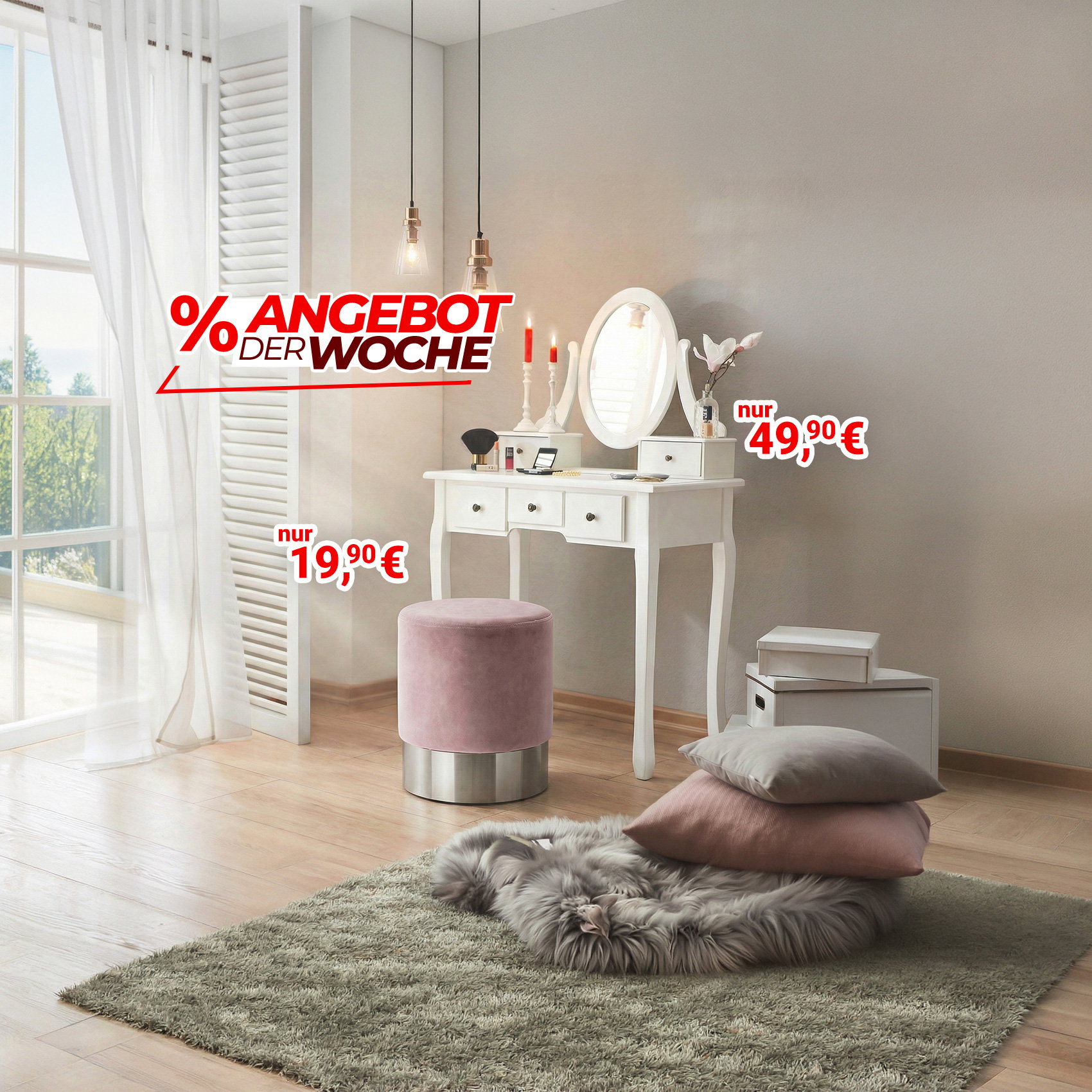Schminktisch mit Spiegel, Hocker und Teppich, Angebot der Woche mit Preisen