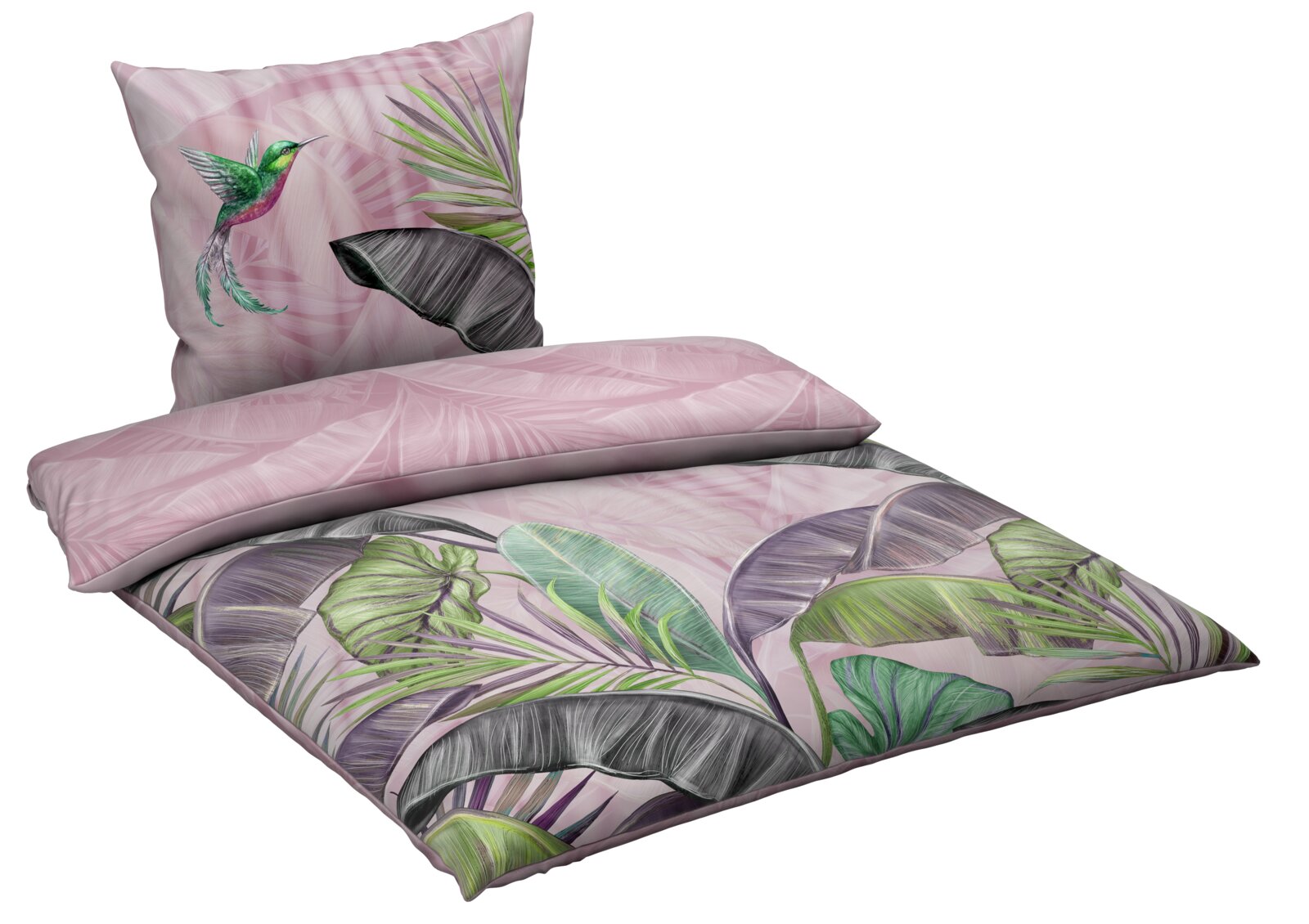 Wendebettwäsche mit tropischem Blatt- und Kolibri-Muster in Rosa und Grün, perspektivisch von schräg oben fotografiert.