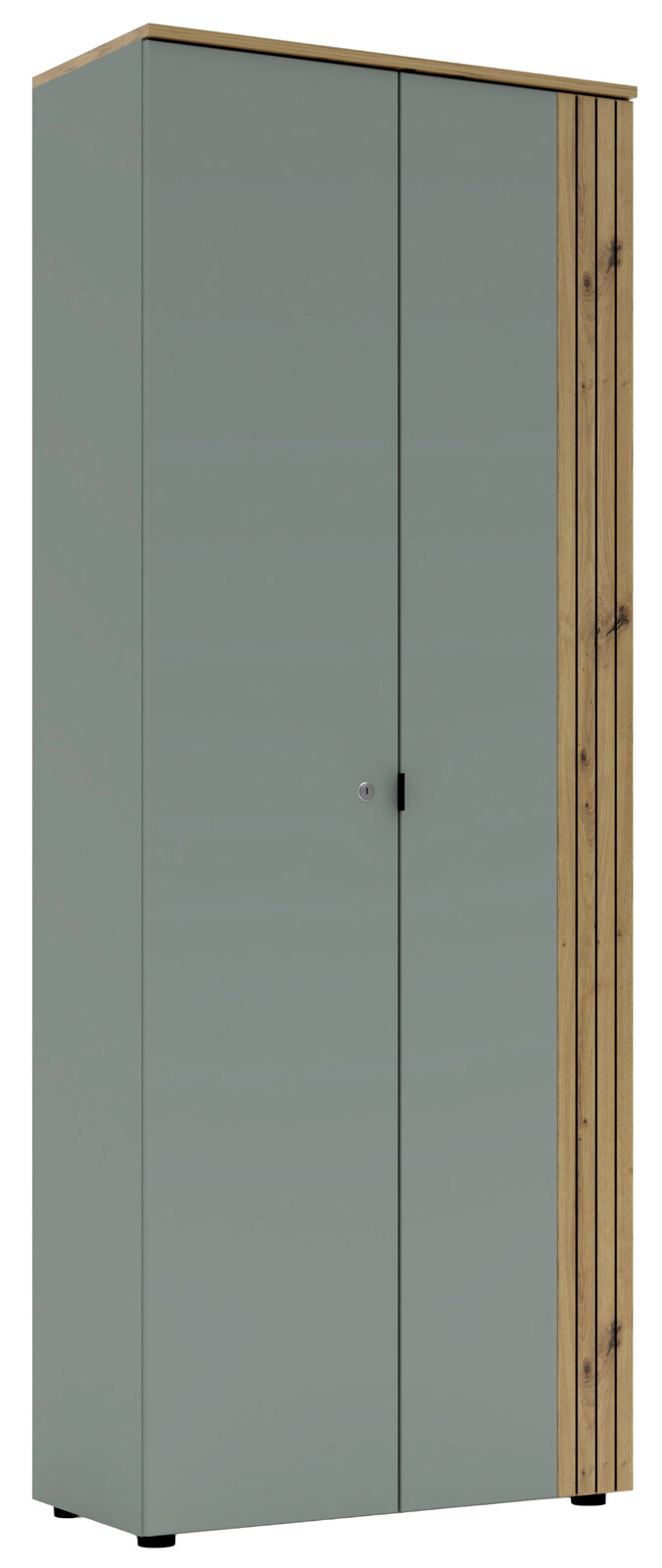 Moderner Büroschrank in grauer Farbe mit Holzakzenten, Frontalansicht