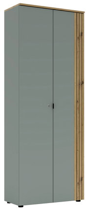 Moderner Büroschrank in grauer Farbe mit Holzakzenten, Frontalansicht